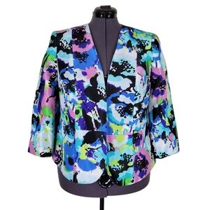 Kasper Blazer Women Size 14W Black Multi Color Peplum Open Front Slit Sleeves